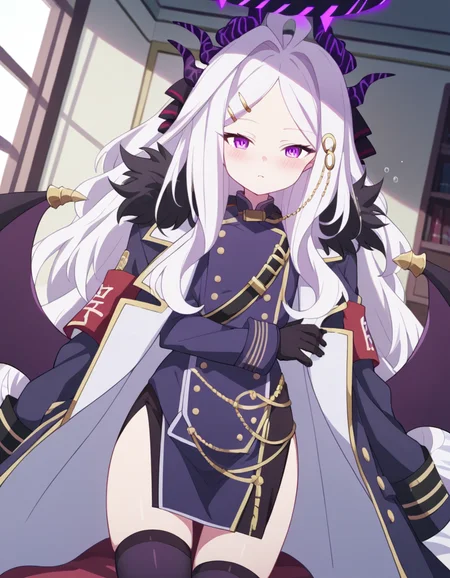 score_9, score_8_up, score_7_up, source_anime, <lora:hina-sorasaki-s1-ponyxl-lora-nochekaiser:1>, hina sorasaki, purple eyes, white hair, halo, ahoge, parted bangs, long hair, very long hair,, armband, black gloves, coat, coat on shoulders, demon horns, demon wings, fur collar, gloves, hair ornament, horns, long coat, military uniform, miniskirt, multiple horns, side slit, thighhighs, uniform, wings, zettai ryouiki,, indoors, bed, bed room, on side, blush, drunk, looking at viewer, solo, cowboy shot, dutch angle