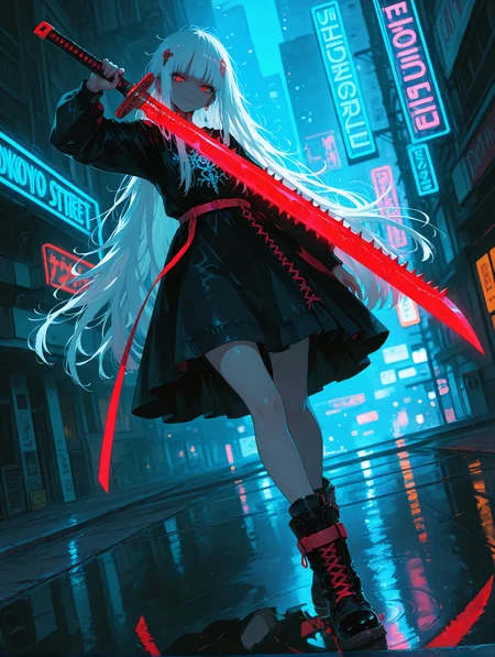 1girl, weapon, white hair, solo, hair ornament,holding sword,spiked sword,giant sword, neon_sword, piercing, bangs, long sleeves, looking at viewer, very long hair,messy hair,hime cut, red eyes, ear piercing, jewelry, holding weapon, dress, holding, outdoors, tattoo, earrings, boots, closed mouth, katana, smile, full body, reflection, blurry, blurry background,tokyo_lights,tokyo street,neon lights,cyberpunk, high-contrast lighting, intricate details, vibrant colors, reflective surfaces, dynamic pose, futuristic urban environment, glowing neon signs, cybernetic enhancements, punk aesthetic, dynamic pose, dynamic composition,dutch angle, depth of field,dark_theme,detailed backgroud,foreshortening,blurry edges,748cm
,masterpiece,best quality,amazing quality, <lora:748cmSDXL:1>