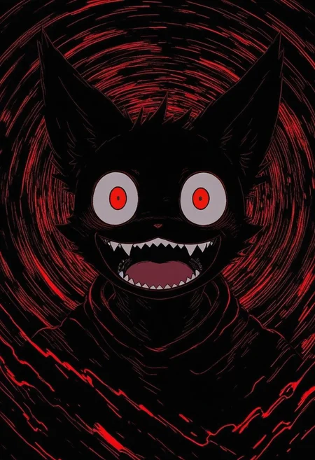 GLTST, Glitch, , red eyes, solo, open mouth, sharp teeth, wide-eyed, teeth, looking at viewer, no humans, 1boy, male focus, animal ears, upper body