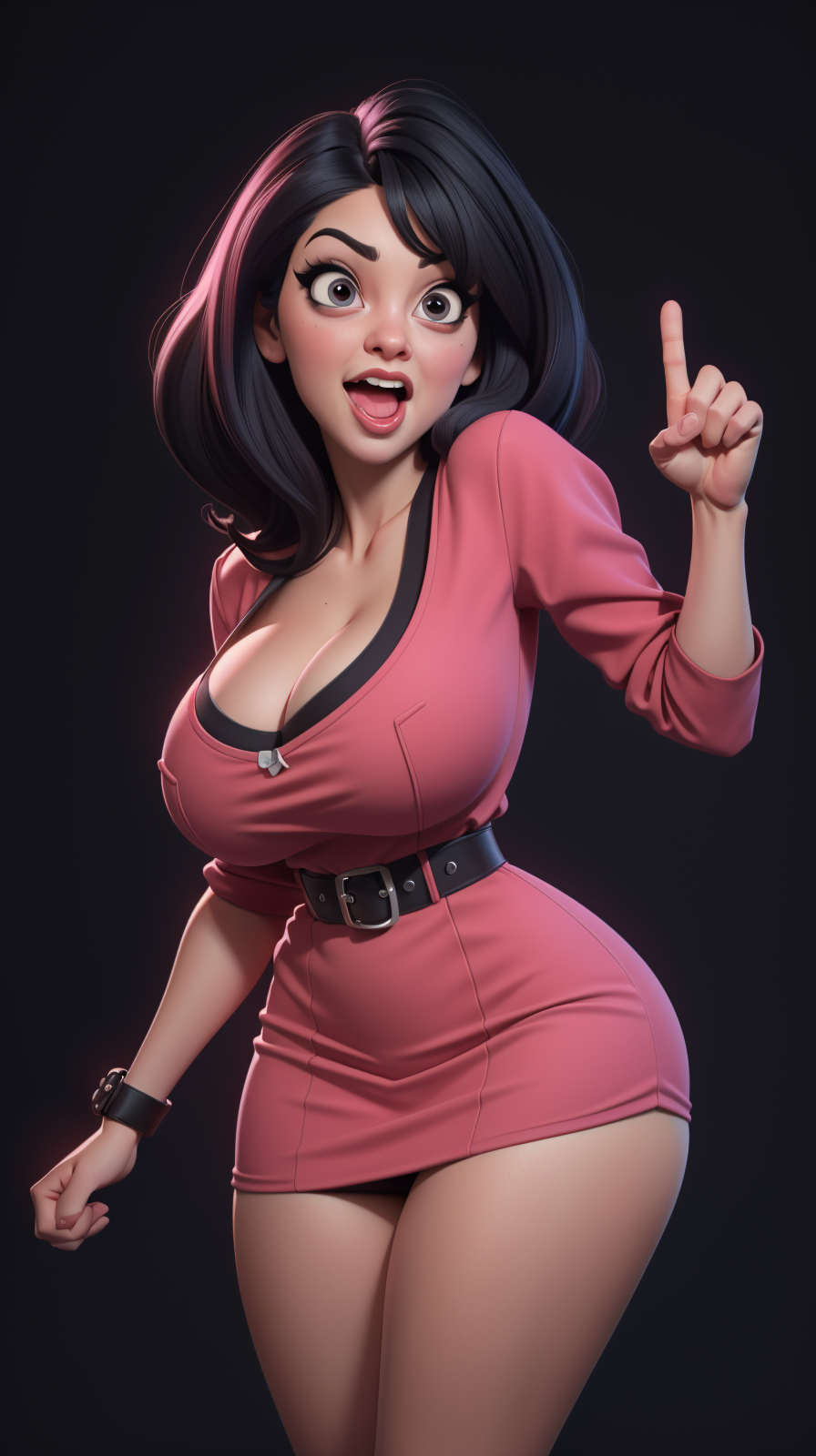high detailed, masterpiece  <lora:P4p4N1nj4:0.7> 1girl cartoon character in pink dress, long black hair, lewd expression, open mouth, tonge out, looking at viewer, perfect hands, big breast, wide hips, thick thighs, ultra realistic digital art, a 3D render, photorealism, clean scene, black background, black wall