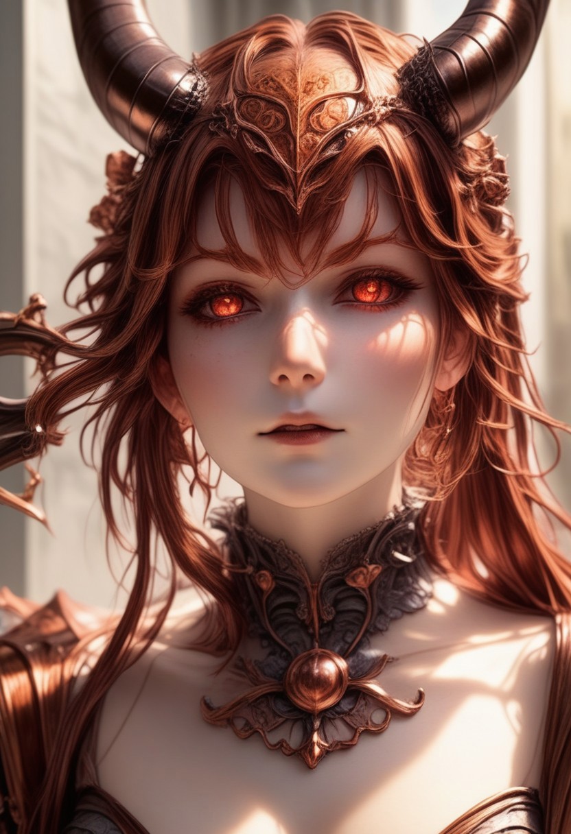 (MadeOfCopper01_CE_SDXL), blending, beautiful mature devil blends with fire, FRESHIDEAS Devil girl, (copper:3.4), hindenburg_a_xl, hindenburg (azur lane), horns, very long hair, red hair, bangs, deep red eyes.