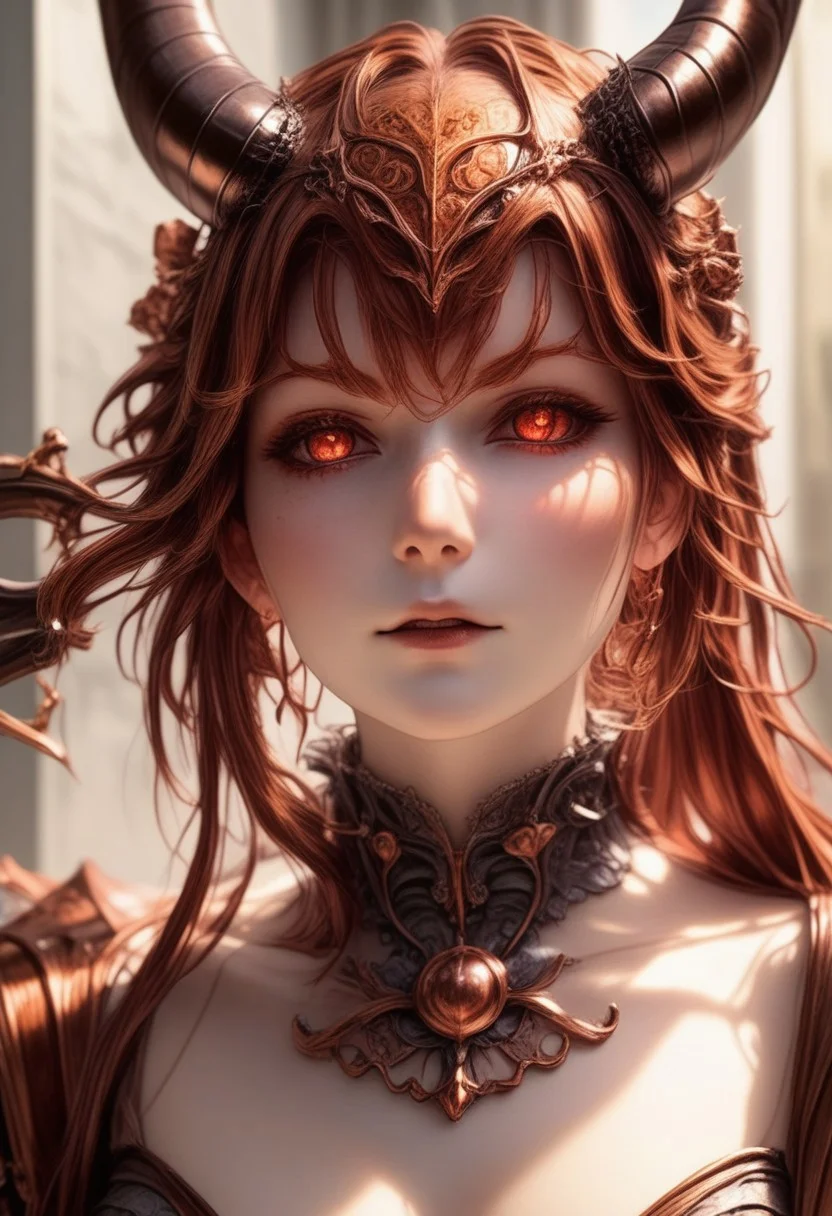 (MadeOfCopper01_CE_SDXL), blending, beautiful mature devil blends with fire, FRESHIDEAS Devil girl, (copper:3.4), hindenburg_a_xl, hindenburg (azur lane), horns, very long hair, red hair, bangs, deep red eyes.
