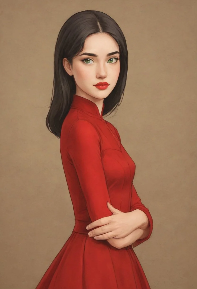 on parchment,"Ilya Kuvshinov" style.
Portrait of "Gorgeous girl With ((green)) Eyes". red silk dress, Claudia, lipstick,
intricate details, (depth of field,bokeh:1.2), full-body photograph , cute girl, adorable, petite, long black hair, white strip in hair, long flowing hair, innocent, perfect face, beautiful face, bttrfrckl, bimbo lips, red silk . Ray-Tracing. Anti-Aliasing. Realistic soft shadows. Low saturation colors. Insane quality. Insane resolution. Insane details. Masterpiece. 32k resolution.