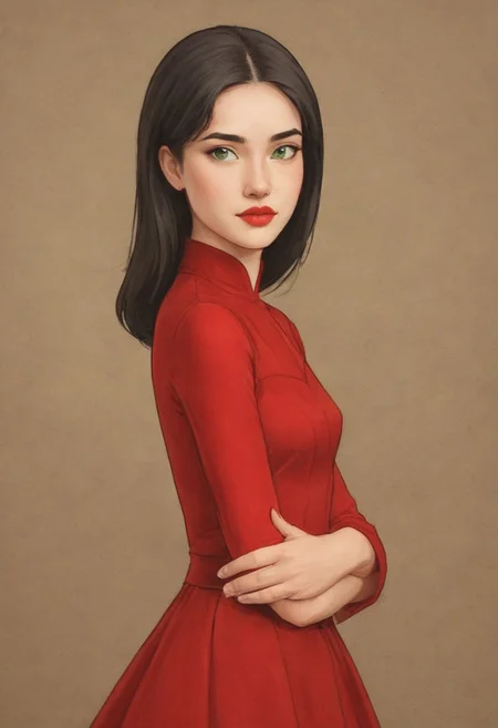 on parchment,"Ilya Kuvshinov" style.
Portrait of "Gorgeous girl With ((green)) Eyes". red silk dress, Claudia, lipstick,
intricate details, (depth of field,bokeh:1.2), full-body photograph , cute girl, adorable, petite, long black hair, white strip in hair, long flowing hair, innocent, perfect face, beautiful face, bttrfrckl, bimbo lips, red silk . Ray-Tracing. Anti-Aliasing. Realistic soft shadows. Low saturation colors. Insane quality. Insane resolution. Insane details. Masterpiece. 32k resolution.