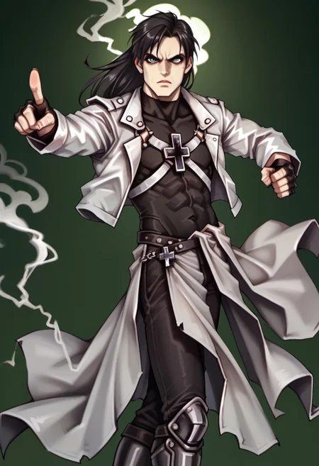 score_9, score_8_up, score_7_up, hugbaldw, ((((body harness with holy cross design)))), long black hair, charcoal greaves, gray skirt, black shirt, black pants, black fingerless gloves, pointing, ((((pointing at viewer))), looking at viewer, (((dark backdrop))), ((((spooky green backdrop)))),