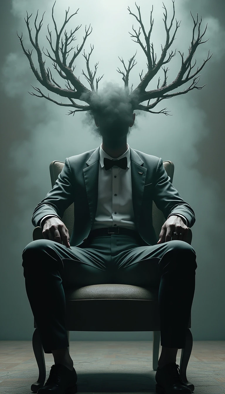 A captivating 3D render of a dark fantasy character, showcasing a mysterious figure seated on a chair. The figure's head is shrouded in a smoky or misty aura, with elongated, branch-like structures protruding from it, creating an enigmatic silhouette. The individual dons formal attire, including a bowtie and a suit, adding an air of sophistication amidst the eerie atmosphere. The monochromatic color palette of grays and blacks dominates the scene, amplifying the overall eerie and ethereal ambiance. The cinematic composition invokes themes of mystery, introspection, or even decay, making it a conceptual work of art that is both captivating and thought-provoking.