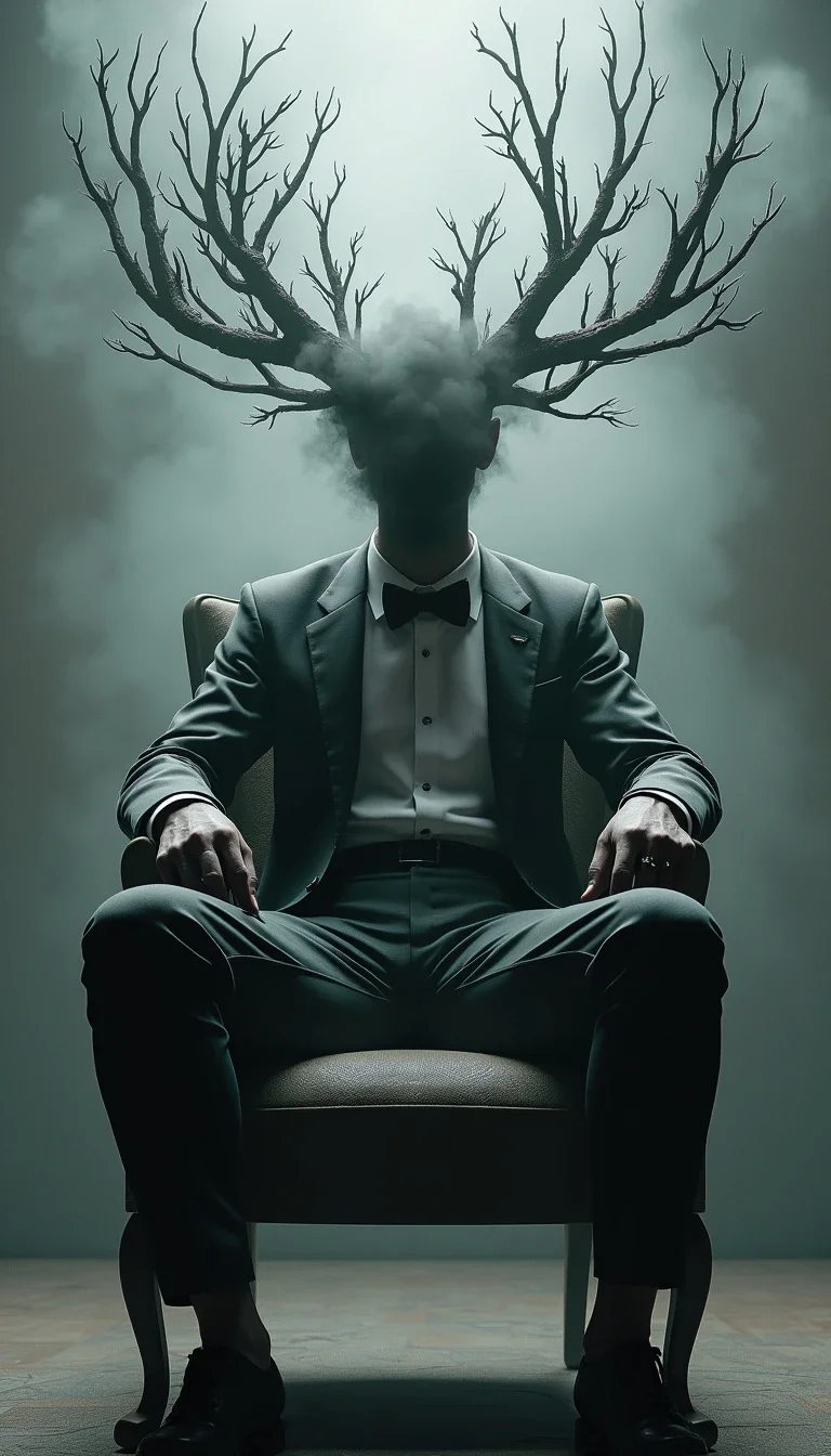 A captivating 3D render of a dark fantasy character, showcasing a mysterious figure seated on a chair. The figure's head is shrouded in a smoky or misty aura, with elongated, branch-like structures protruding from it, creating an enigmatic silhouette. The individual dons formal attire, including a bowtie and a suit, adding an air of sophistication amidst the eerie atmosphere. The monochromatic color palette of grays and blacks dominates the scene, amplifying the overall eerie and ethereal ambiance. The cinematic composition invokes themes of mystery, introspection, or even decay, making it a conceptual work of art that is both captivating and thought-provoking.