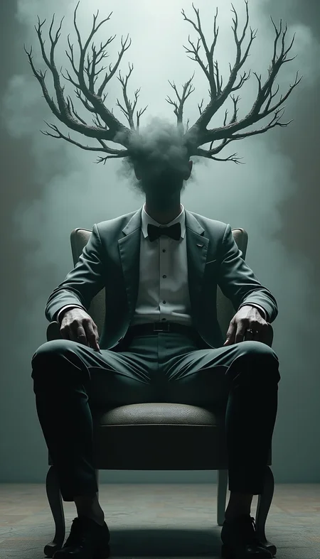 A captivating 3D render of a dark fantasy character, showcasing a mysterious figure seated on a chair. The figure's head is shrouded in a smoky or misty aura, with elongated, branch-like structures protruding from it, creating an enigmatic silhouette. The individual dons formal attire, including a bowtie and a suit, adding an air of sophistication amidst the eerie atmosphere. The monochromatic color palette of grays and blacks dominates the scene, amplifying the overall eerie and ethereal ambiance. The cinematic composition invokes themes of mystery, introspection, or even decay, making it a conceptual work of art that is both captivating and thought-provoking.