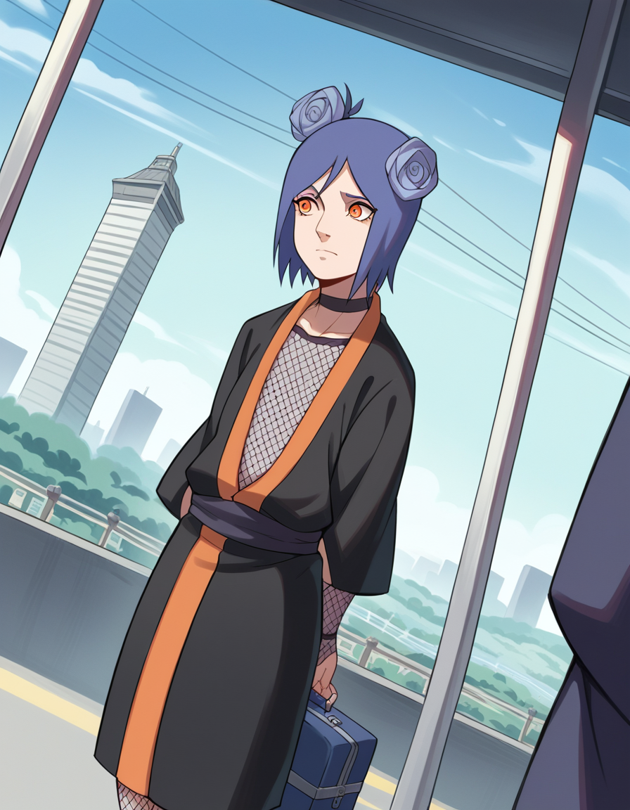 score_9, score_8_up, score_7_up, source_anime, <lora:konan-shippuden-anime-ponyxl-lora-nochekaiser:1>, konan, short hair, hair ornament, blue hair, flower, hair flower, orange eyes,, fishnets, japanese clothes, skirt,, train station, waiting for train, suitcase, traveling, commute, city skyline, hands behind back,, , , hand shaking hands, solo,, cowboy shot, dutch angle