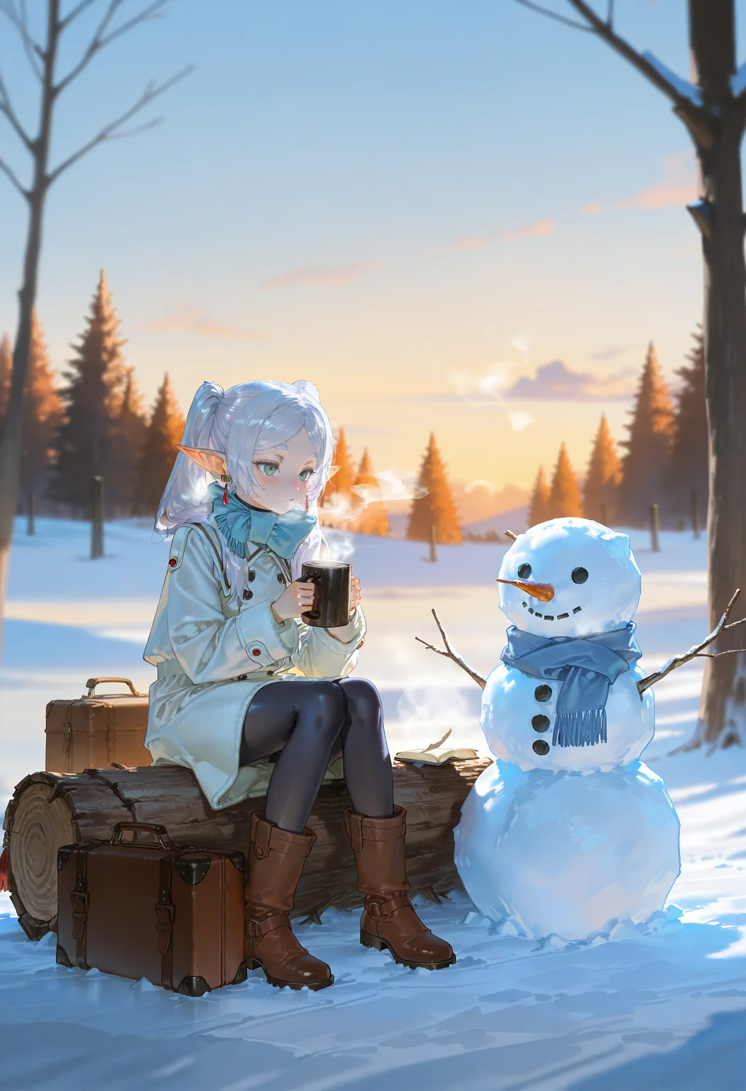 by [lack|fuzichoco|lam|kinta \(distortion\)|wlop|nixeu|happoubi jin|miyajima reiji], (by quasarcake:0.7), impasto,
snowman, frieren, 1girl, elf, outdoors, sitting, blue scarf, twintails, holding cup, boots, log, earrings, mug, solo, suitcase, forest, bare tree, parted bangs, sky, white hair, steam, long hair, breath, black pantyhose, winter clothes, coat, long sleeves, fringe trim, blush, cloud, book, brown footwear, 
impasto, vignetting, chiaroscuro, masterpiece, best quality, very aesthetic, absurdres
<lora:illustrious_winter_collection_v11:1>