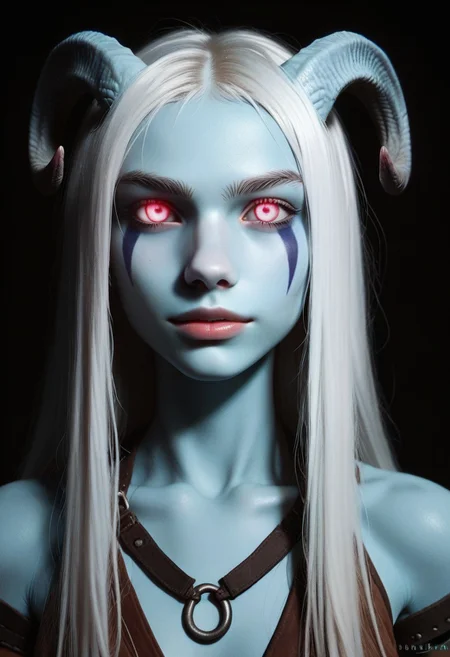 score_9, score_8_up, score_7_up, score_6_up, AMFL, low key, high exposure, 1girl, portrait, beautiful, tiefling shaman, white hair, (long hair:1.3), side bangs, horns, barbarian, gladiator, war paint, tribal markings, long tail, blue skin, pink eyes, glowing eyes, (smug:0.85), dramatic lights, detailed, sharp lines, dynamic, detailed