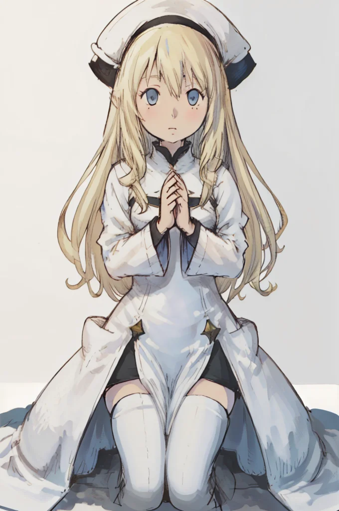 (Yoshida_Akihiko_PonyXL_style_v02.10.01:1.0) solo, 1girl, white background, (chibi head:0.6), priestess-default, priestess \(goblin slayer!\),blue eyes,long hair, blonde hair,white headwear,white dress,frilled sleeves, blue pelvic curtain,(black shorts:0.9),thighhighs,white boots, priestess-shirt, priestess \(goblin slayer!\),blue eyes,long hair, blonde hair,black shirt,long sleeves,black shorts,thighhighs,white boots, hands together, hands up, hands pray, (Bravely Default Style), yoshida akihiko, nlue eyes, priestess, <lora:pony\char\anime\priestess_goblin slayer_PONY_epoch-000020.safetensors>, <lora:pony\style\Yoshida_Akihiko_PonyXL_style_v02.10.01.safetensors>, <lora:styles\yoshida_akihiko_offset.safetensors>, <lora:styles\BravelyDefault.safetensors>, <checkpoint:[Pony] prefectPonyXL_v10.safetensors>, <checkpoint:[SD15] tfmCutesyAnime2_genesis.safetensors>