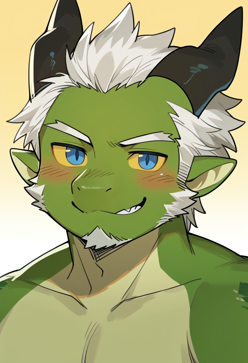 hi res, best quality, by milkybot, furry, short hair, 1boy, solo, dragon, horns, facial hair, blue eyes, yellow sclera, white hair, green body, two tone body, blushing, looking at viewer, seductive, smug, <lora:Milkybot_style:1>