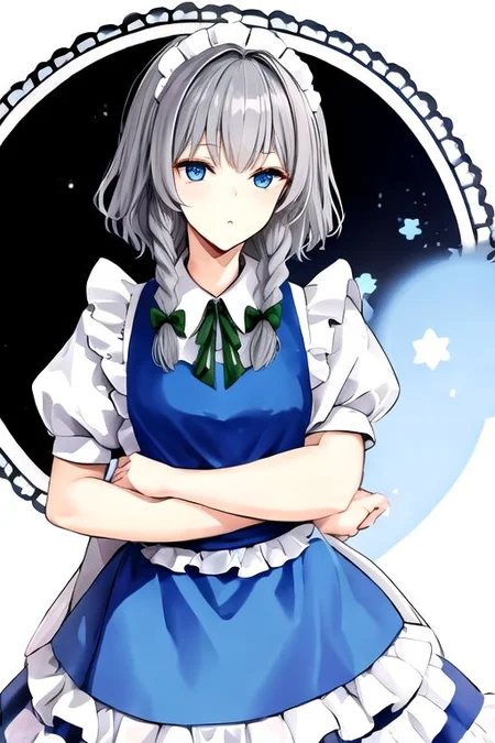 Sakuya, maid headdress, izayoi sakuya, braid, twin braids, grey hair, short hair, sakuya, solo, looking at viewer, bow, blue eyes, hair bow, green bow, bangs, maid, puffy sleeves, short sleeves, apron, dress, blue dress