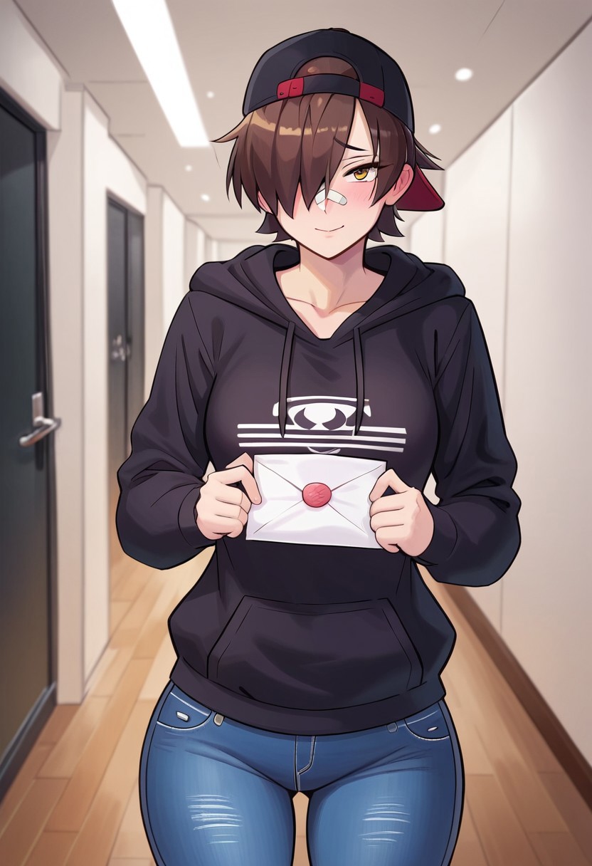 ((Tomboy, Amber eyes, backwards cap, red backwards cap, red and black backwards cap)), ((hallway, indoors background, depth of field, EyesHD)), score_9 , score_8_up, score_7_up, side lighting, (best quality, masterpiece:1.3), (perfect details:1.1), 1girl, solo, (standing, awkward pose, dynamic pose, shy pose), score_9, (fukurettsura, shy smiling, awkward, light brown hair, short hair, hair over one eye, hair covering right eye, shy eyebrows, sharp eyes), ((bandaid across nose, saggy hoodie, worn jeans)), medium breasts, medium boobs, curvy, big ass, fit, slightly muscular, pale skin, shiny skin, solo, collarbone, holding envelope, blusing, looking away from viewer,