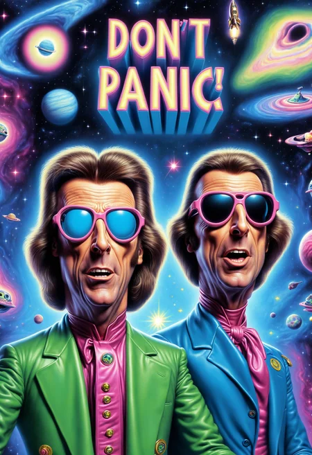 DonMD0n7P4n1cXL,  text "DON'T PANIC!", Zaphod Beeblebrox, man, sunglasses, two heads, stylish, president of the galaxy, <lora:DonMD0n7P4n1cXL:1>