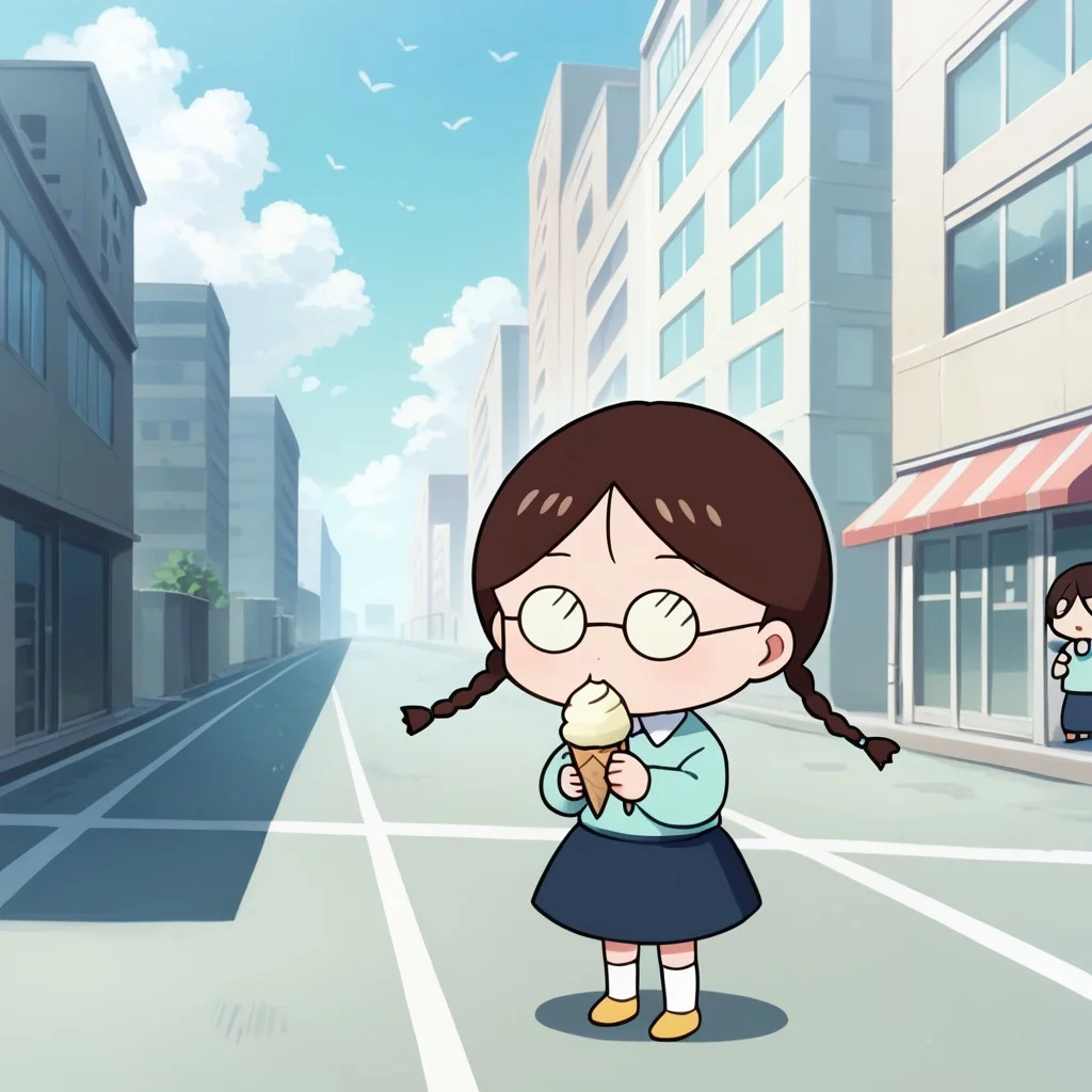 score_9, score_8_up, score_7_up BREAK TamaChan, 1girl, brown hair, braided pigtails, glasses, white-collared cyan short-sleeved shirt, blue skirt, white socks, flat yellow shoes, anime, source_anime, chibi, eating ice cream, solo, solo focus, girl, girl focus, city outdoors, city background,