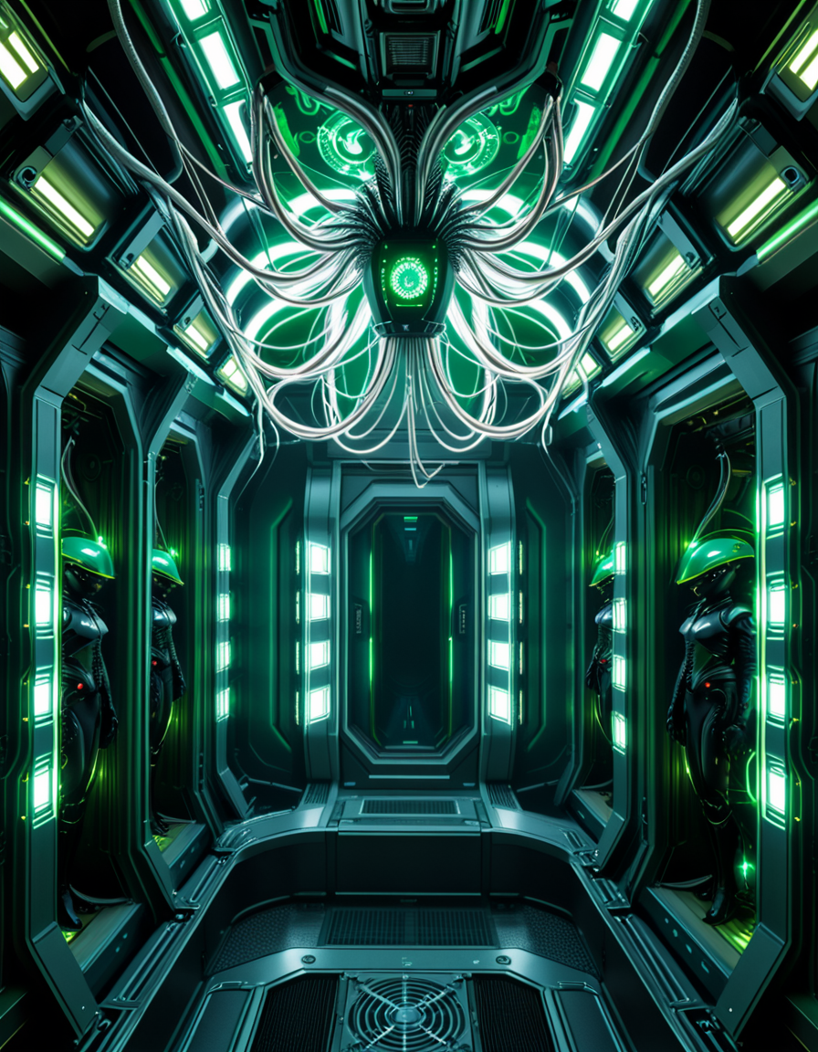 A dark, oppressive regeneration chamber deep within a Borg vessel â a biomechanical environment where drones return to recharge and interface with the collective. The chamber is dimly lit with pulsating green and white lights that flicker through dense shadows. The walls are lined with vertical alcoves, each containing a Borg drone standing motionless, plugged into the system via biomechanical tendrils, tubes, and neural interfaces embedded into their bodies.
The surfaces of the room are a fusion of metallic plating, organic texture, and cybernetic growths â as if the ship itself is alive, constantly shifting and adapting. Steam hisses softly from vents near the floor, and faint mechanical whirring echoes through the chamber. Fiber optic cables pulse with data transmissions, running across the ceiling like glowing veins. 
Above, a central neural conduit hangs like a mechanical spine from the ceiling, branching out and connecting to each alcove, feeding the collective hive mind with real-time information. The atmosphere is cold, sterile, and unnervingly silent â a place devoid of individuality, where only the will of the collective exists. There is no comfort here, only efficiency, order, and total control. 
<lora:SDXLFaeTastic2400:0.4> <lora:extremely_detailed:0.4> extremely detailed,<lora:borg_recharge_ch4mb3r:1>,borg recharge ch4mb3r, Masterpiece,best quality,hi res,8k,hi res,8k,award winning,(sharp focus, intricate, highly detailed),