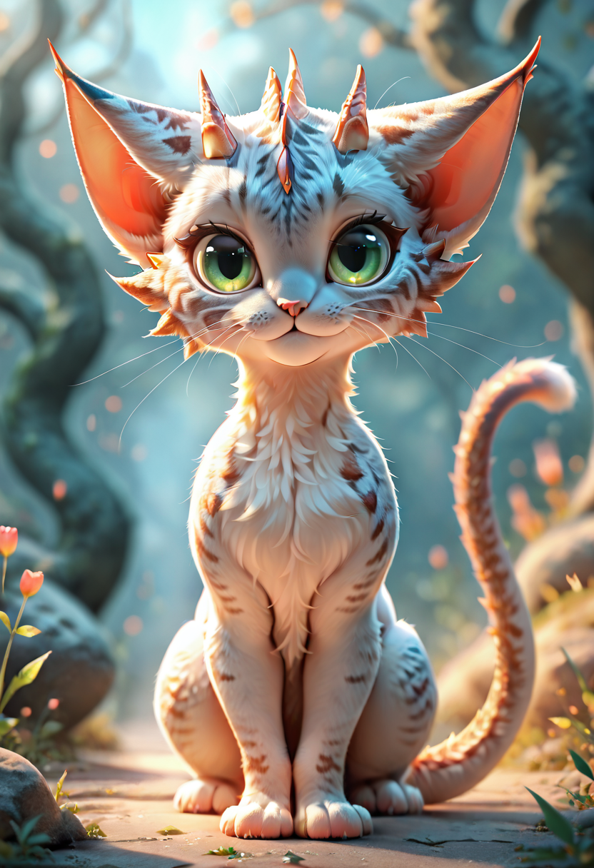 masterpiece, best quality, 1girl, solo, eyelashes, (beautiful eyes),    DracoCat, looking at viewer, sitting, closed mouth, green eyes, tail, full body, outdoors, horns,  blurry, depth of field, blurry background, animal, whiskers,  <lora:DracoCatIXL:1.0>,