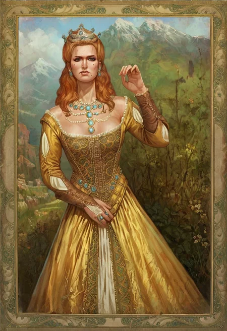 score_9, score_8_up, score_7_up, witcher1cardstyle, romance card with frame, witcher card frame, card frame, picture frame, 1 girl, anhnritta, long hair, wavy hair, crown, mole under eye, earrings, dress, necklace, gem, ring, Hand, perfect hand, perfect hands, detailed hands,