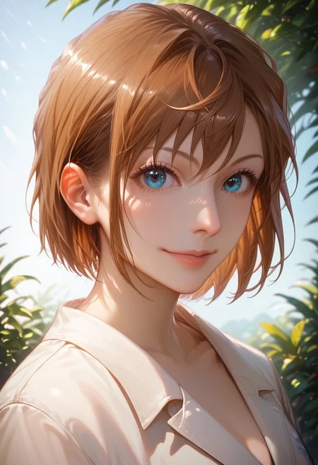 .score_9_up, score_8_up, score_7_up, SemiReal,Semi realist,
masterpiece, realistic, absurdres, casual, exquisite design, detailed background
miyano_shiho, brown hair, blue eyes, short hair,
smile, (standing, medium shot, looking at viewer), (pseudo-impasto:0.7), (by ask:0.5), (by rella:0.3), (by mochizukikei:0.3), high resolution, intricate details, solo, close up shot, upper body, o,
outdoors,sky,bluesky,