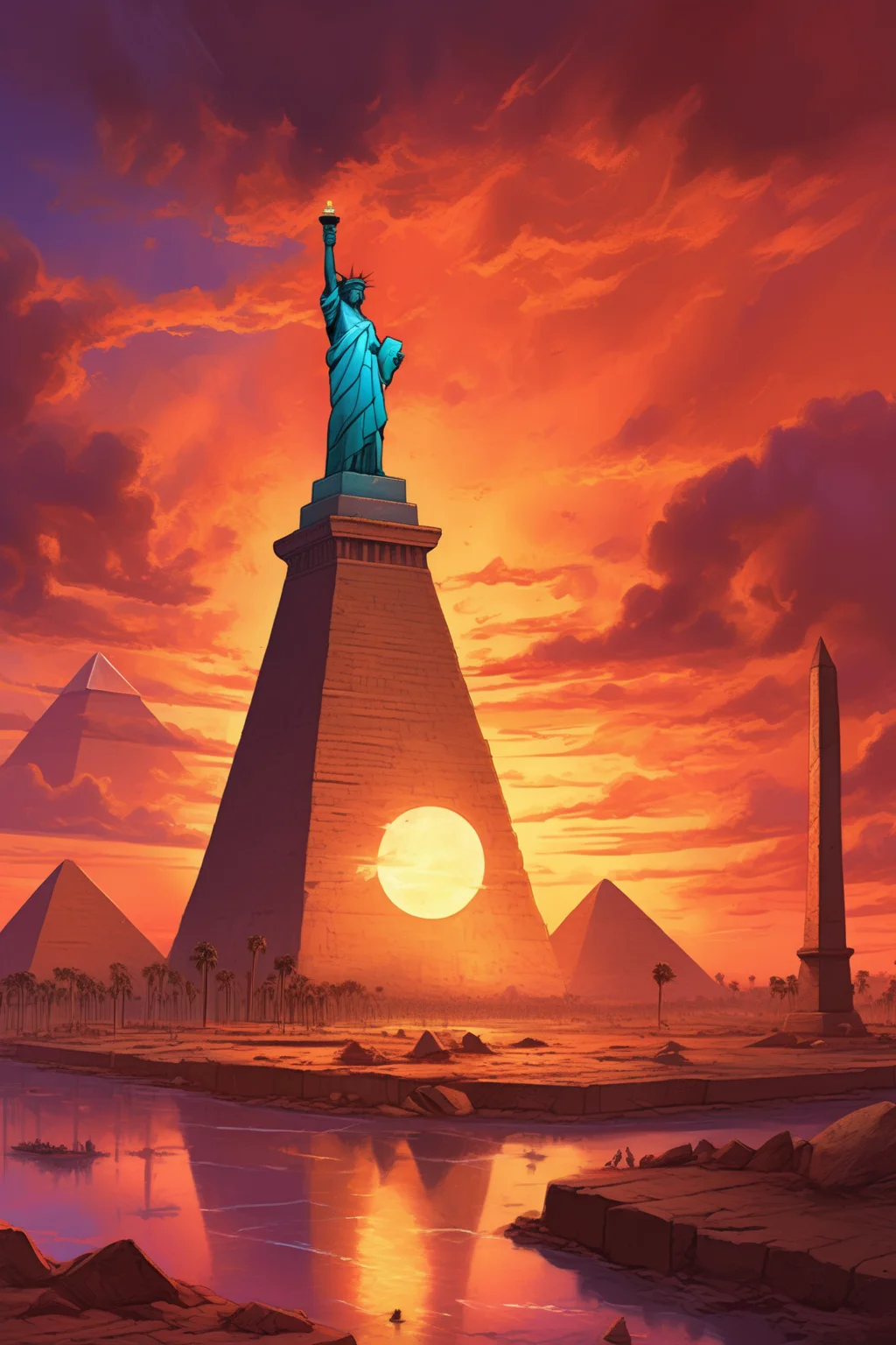 <lora:Noah Bradley Style:1>Noah Bradley Style - In the style of Arthur Adams, create a surreal landscape merging the Pyramids of Giza and the Statue of Liberty. Use a high-resolution 16k camera, a wide-angle lens, and a palette of sunset hues. The landmarks should be illuminated by the last rays of the setting sun.