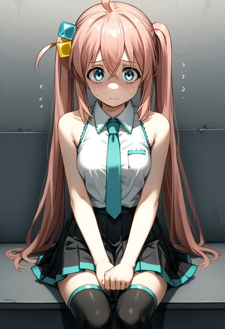 ,aqua_necktie, bare_shoulders, black_thighhighs, cube_hair_ornament, sleeveless, alternate_costume, worried, 1girl, sleeveless_shirt, gotoh_hitori, solo, side_ahoge, black_sleeves, black_skirt, thighhighs, alternate_hairstyle, aqua_trim, twintails, necktie, triangle_print, hair_ornament, collared_shirt, trembling, skirt, sitting, shirt, miniskirt, hatsune_miku_(cosplay), hatsune_miku, vocaloid, grey_shirt, sweat, detached_sleeves, shaded_face, gradient_background, clenched_hands, cosplay, pleated_skirt, bocchi_the_rock!