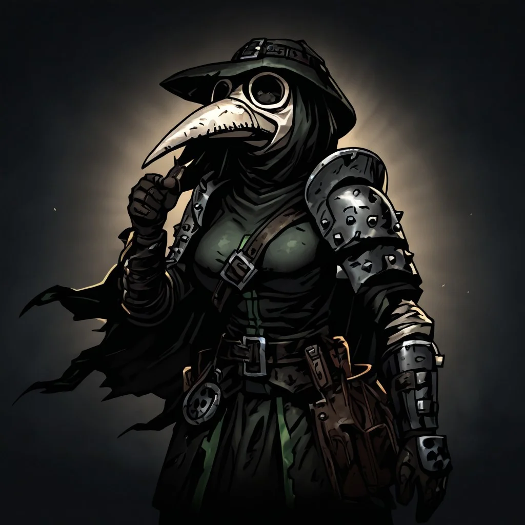masterpiece, best quality, newest, absurdres, highres, DDstyle, official style, black eyes, shaded eyes, 1girl, DDPD-V1.1, plague doctor mask, mask, armor, shoulder pads,