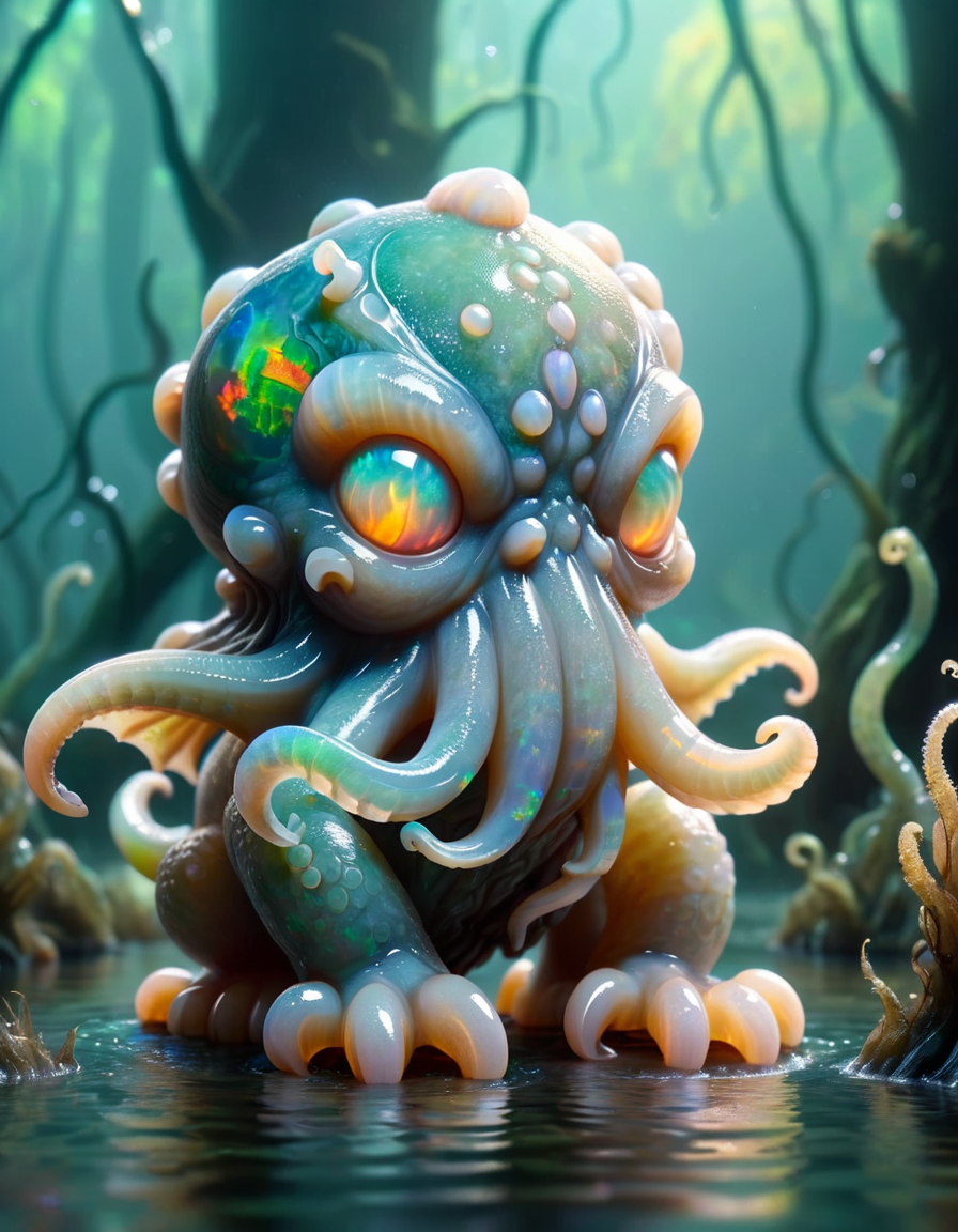 A cute colorful fluffy cthulhu, wildlife photography, in a ral-opal swamp, 4K UHD, 8K UHD, High-definition, capturing highest detailed, 4k, uhd, hdr, made out of ral-opal <lora:ral-opal-sdxl:1>