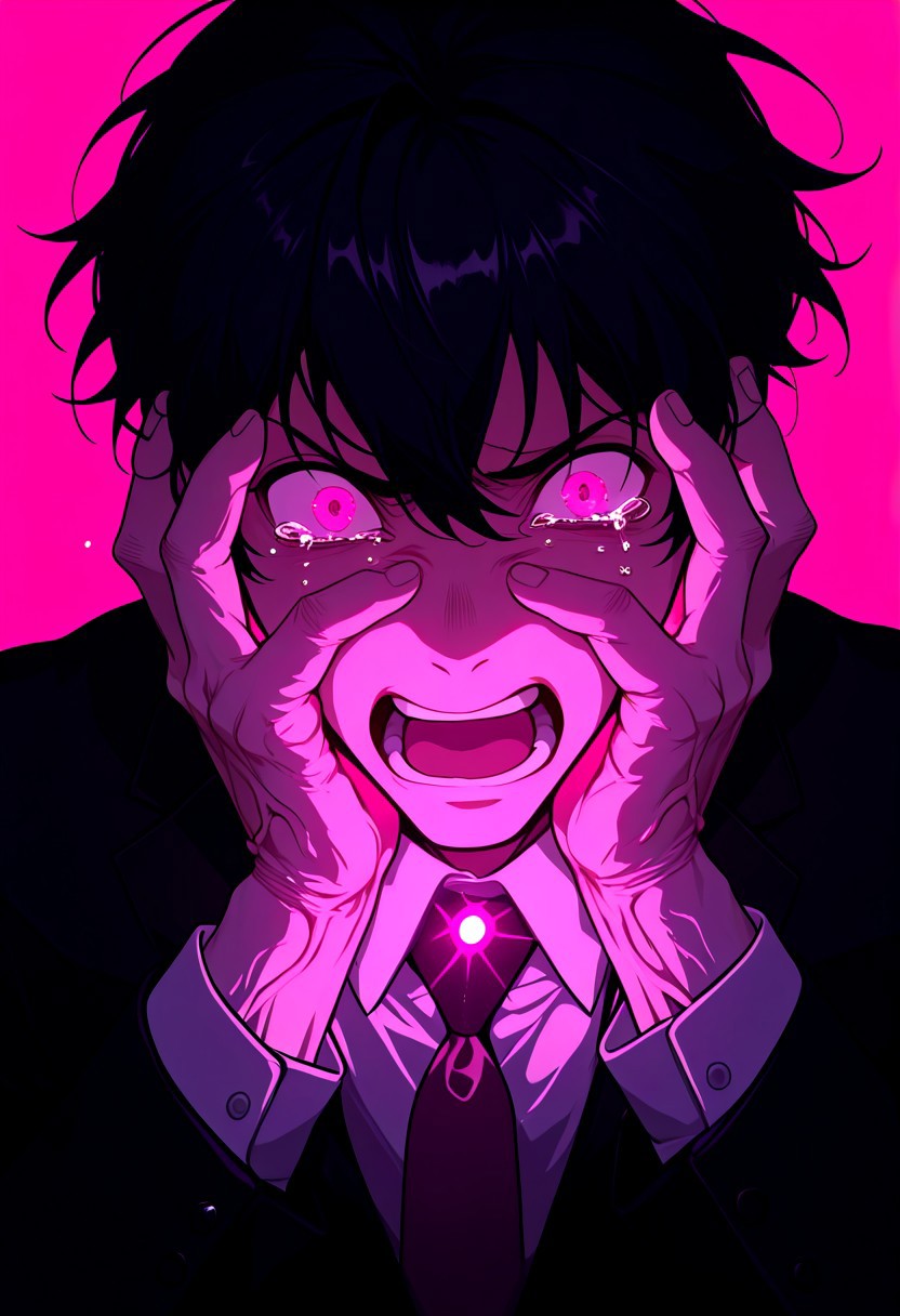 masterpiece, best quality, very aesthetic, absurdres, D1DVAP0, 1boy, male focus, solo, open mouth, hands on own face, tears, black hair, glowing, necktie, veins, pink background, simple background, looking at viewer, pink eyes,