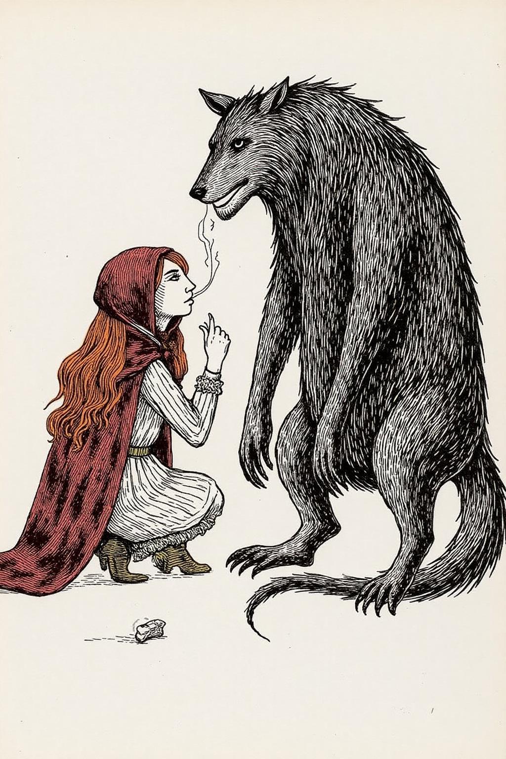 edwardgorey1 illustration.
A woman with red wavy hair, dressed as Little Red Ridding Hood squatting beside the Big Bad Wolf. She is smoking.
 <lora:edwardgorey1_d8a4e9:1.0><lora:864756664555850474:0>