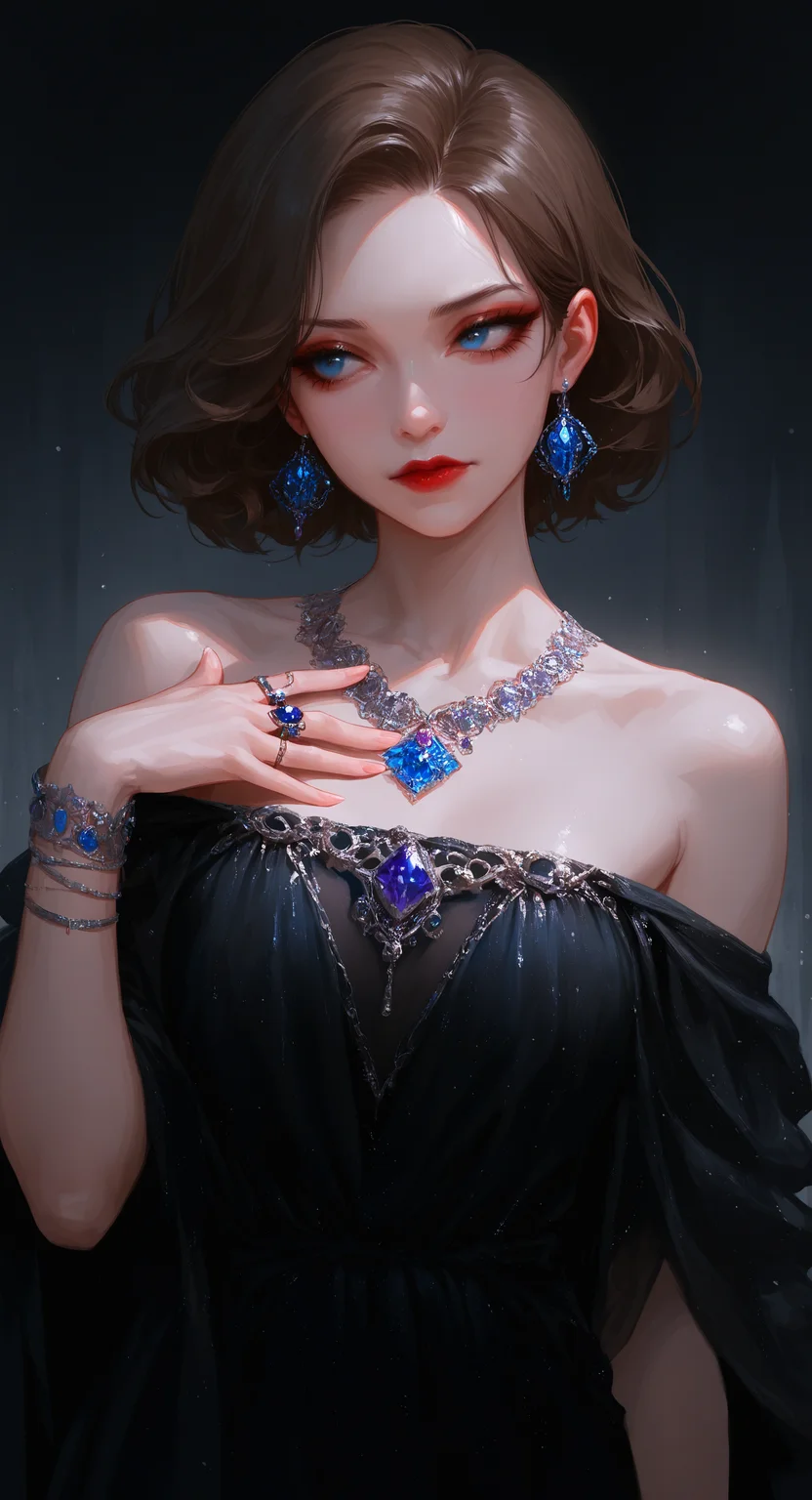 masterpiece, best quality, good quality, very aesthetic, absurdres, newest, 1girl, solo, short hair, blue eyes, brown hair, dress, closed mouth, jewelry, bare shoulders, collarbone, upper body, earrings, off shoulder, necklace, black dress, bracelet, looking to the side, lips, makeup, ring, hand on own chest, gem, lipstick, realistic, red lips, blue gemstone, purple gemstone,
White and clear skin, Dark Gray background, <lora:ponyv5_noobV065S_1_adamW-000013:0.7> <lora:USNR_STYLE_XL_lokr:0.45>
