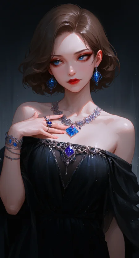 masterpiece, best quality, good quality, very aesthetic, absurdres, newest, 1girl, solo, short hair, blue eyes, brown hair, dress, closed mouth, jewelry, bare shoulders, collarbone, upper body, earrings, off shoulder, necklace, black dress, bracelet, looking to the side, lips, makeup, ring, hand on own chest, gem, lipstick, realistic, red lips, blue gemstone, purple gemstone,
White and clear skin, Dark Gray background, <lora:ponyv5_noobV065S_1_adamW-000013:0.7> <lora:USNR_STYLE_XL_lokr:0.45>