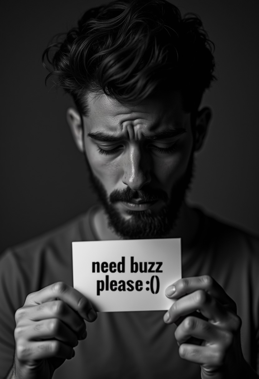 human, realistic, a young man crying, facing the floor, beard, score_9, score_8_up, score_7_up, score_6_up, realistic photo, (full body views:1.2), black & white tone, realistic skin, (photorealistic;1,6), sexy, high resolution, ultra high definition, soft skin, natural skin, detailed skin, gorgeous face, tending a card to the viewer "need buzz please :(" (big and bold text), nighttime, dark, close-up