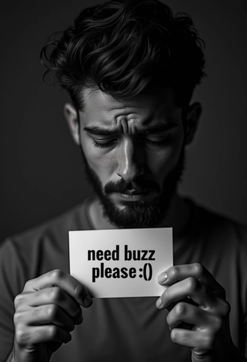 human, realistic, a young man crying, facing the floor, beard, score_9, score_8_up, score_7_up, score_6_up, realistic photo, (full body views:1.2), black & white tone, realistic skin, (photorealistic;1,6), sexy, high resolution, ultra high definition, soft skin, natural skin, detailed skin, gorgeous face, tending a card to the viewer "need buzz please :(" (big and bold text), nighttime, dark, close-up