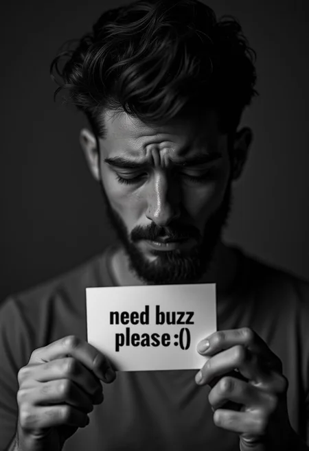 human, realistic, a young man crying, facing the floor, beard, score_9, score_8_up, score_7_up, score_6_up, realistic photo, (full body views:1.2), black & white tone, realistic skin, (photorealistic;1,6), sexy, high resolution, ultra high definition, soft skin, natural skin, detailed skin, gorgeous face, tending a card to the viewer "need buzz please :(" (big and bold text), nighttime, dark, close-up