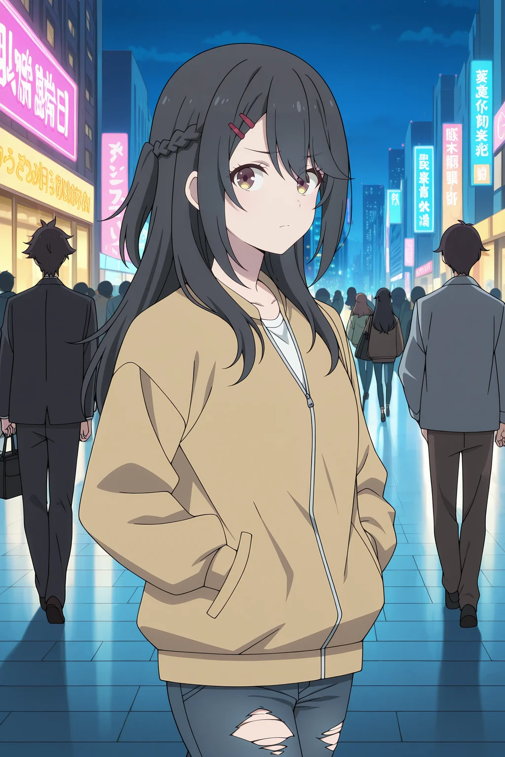 volumetric lighting, official style, amazing quality, ultra detailed, highres, detailed background, anime screenshot, anime screencap, anime coloring, masterpiece, detailed face,1girl <lora:Mayumi_Oota:0.9>Mayumi Oota, black hair, hair ornament, hairclip, long hair, french braid, brown and yellow eyes, jacket, walking, at night, (eyes looking away from the viewer:1.3, looking away from viewer:1.3), ripped jeans, hands in pocket, nighttime, city streets, neon signs, crowd behind,