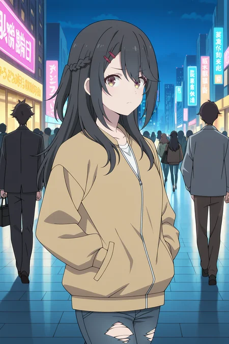 volumetric lighting, official style, amazing quality, ultra detailed, highres, detailed background, anime screenshot, anime screencap, anime coloring, masterpiece, detailed face,1girl <lora:Mayumi_Oota:0.9>Mayumi Oota, black hair, hair ornament, hairclip, long hair, french braid, brown and yellow eyes, jacket, walking, at night, (eyes looking away from the viewer:1.3, looking away from viewer:1.3), ripped jeans, hands in pocket, nighttime, city streets, neon signs, crowd behind,