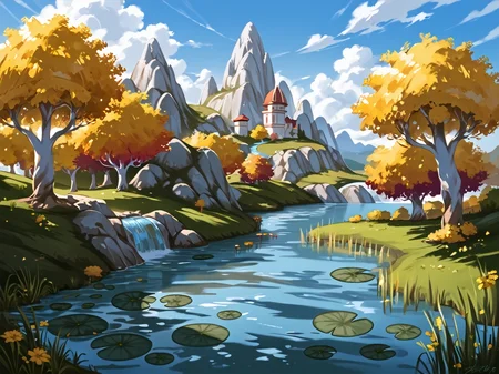 score_9, score_8_up, score_7_up, score_6_up, eversong, painted art, belftree, tree, mountainous, river, water, lily pad, (landscape), very aesthetic, detailed background, Hyperdetailed, Extreme Detail, 4K Resolution, Masterpiece, Best Quality <lora:Eversong_Woods_-_World_of_Warcraft_Zones:1>