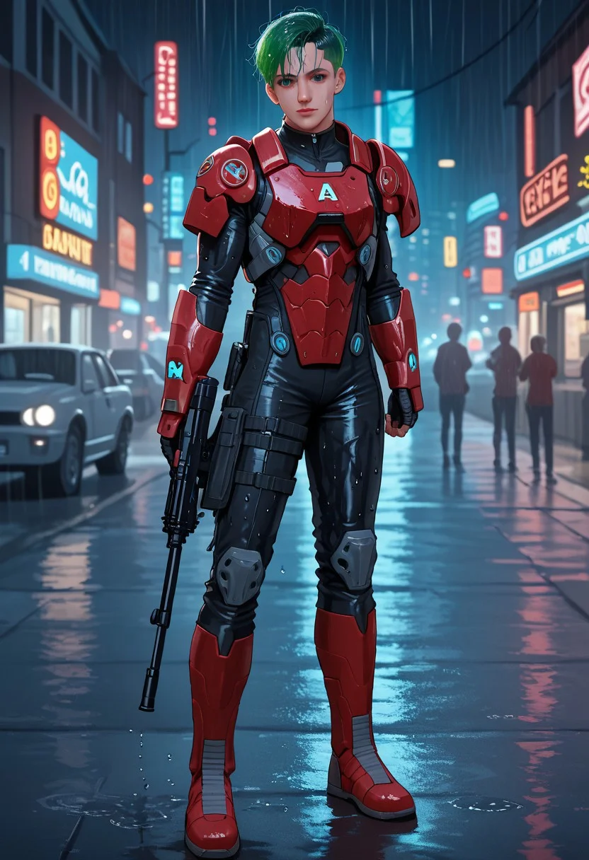 score_9, score_8_up, score_7_up, best quality, alguacile:1.5, nomads, corregidor, nomad, masterpiece, 1 man, long hair, short pixie cut, acid green hair, red armour, nomad, insignia, red and black power armour, black bodysuit, assault rifle, on a cyberpunk street at night, neon signs, heavy rain, wet, wet hair, wet skin, wet clothes, bokeh, vibrant, surreal colours, High Definition HD, High Detail, Perfect Composition, mythp0rt, full body shot