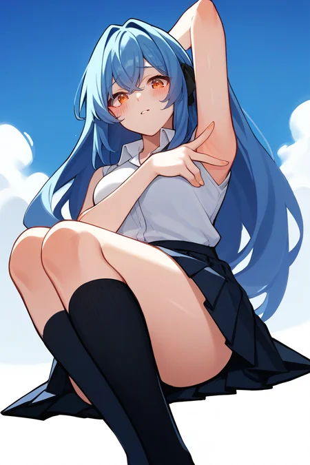 score_9, score_8_up, score_7_up, score_6_up, score_5_up, score_4_up, source_anime,
solo, 1girl, 27 years old female,
<lora:SpreadArmpitV3-06:1>, spread armpit, arm up, blushing,
blue hair, long hair, open hair, orange eyes, white sleeveless shirt, collared shirt, black pleated skirt, black knee socks