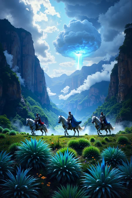 In a lush valley surrounded by towering, sky-reaching cliffs, a group of armored warriors ride atop immense beasts with crystalline scales that shimmer in the fading light. The valley floor is covered in vibrant fields of grass-like growths that sway with an unseen rhythm, their tips glowing faintly with hues of emerald and sapphire. The warriorsâ cloaks billow in the wind as they prepare to face an ancient foe, their mounts letting out low, resonant calls that echo off the valley walls. High above, ominous clouds begin to gather, their undersides flickering with pulses of stormlight. <lora:aidmaMJ6.1-FLUX-V0.1:0.6><lora:Movie_Portrait><lora:Flux DetailerV2>