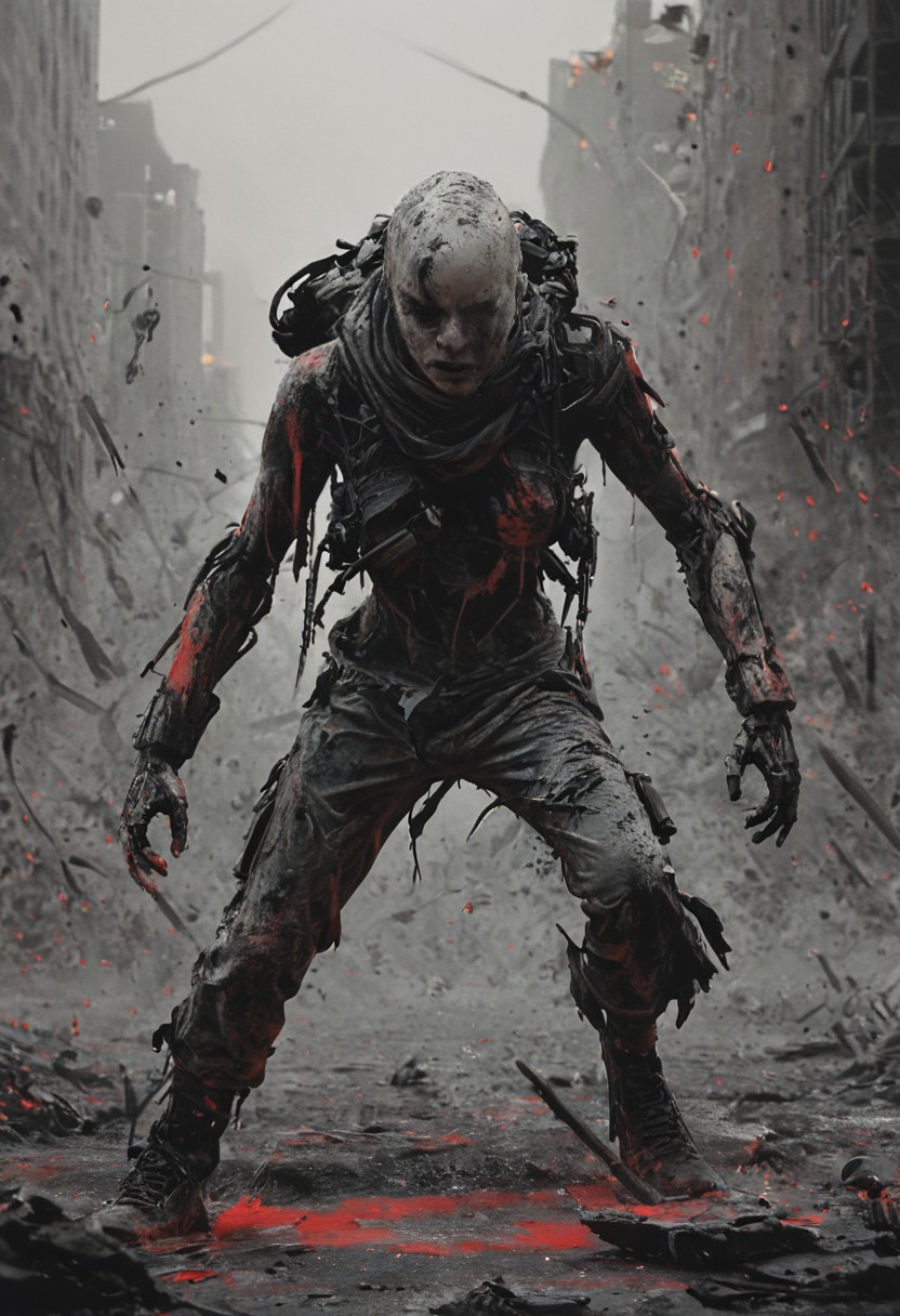 a combat cyborg, battle damaged, looking at the sunset over a faraway distopian city, colorful, muted rusted eroded paint, looking defeated,
