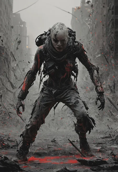 a combat cyborg, battle damaged, looking at the sunset over a faraway distopian city, colorful, muted rusted eroded paint, looking defeated,