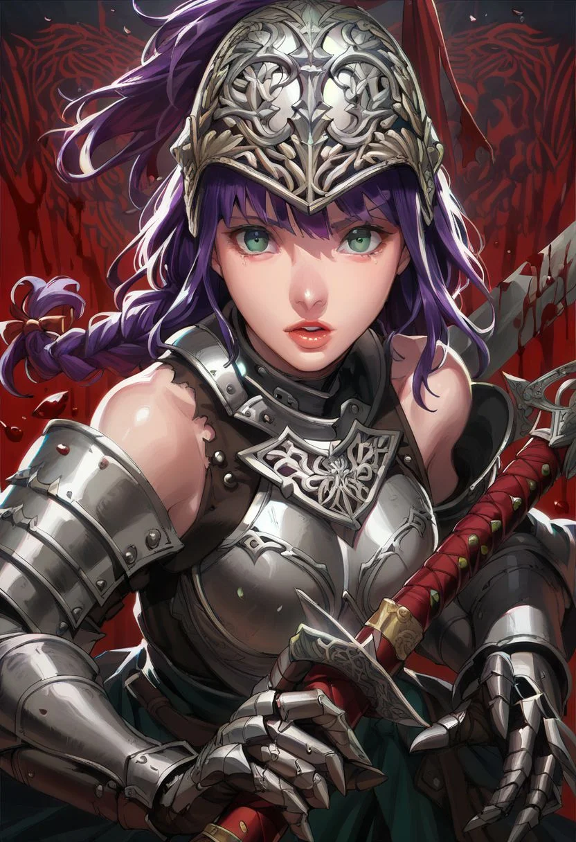 score_9,score_8_up,score_7_up,score_6_up, easynegative, SJ_Style, nemu, 1girl, purple hair, long hair, braid, gauntlets, looking at the viewer, epic background, blood rain, war breastplate, holding weapon, parted lips, polearm, holding sword, knight, helmet, full armor, bare shoulders, torn clothes, fish eyes pov, epiCPhoto