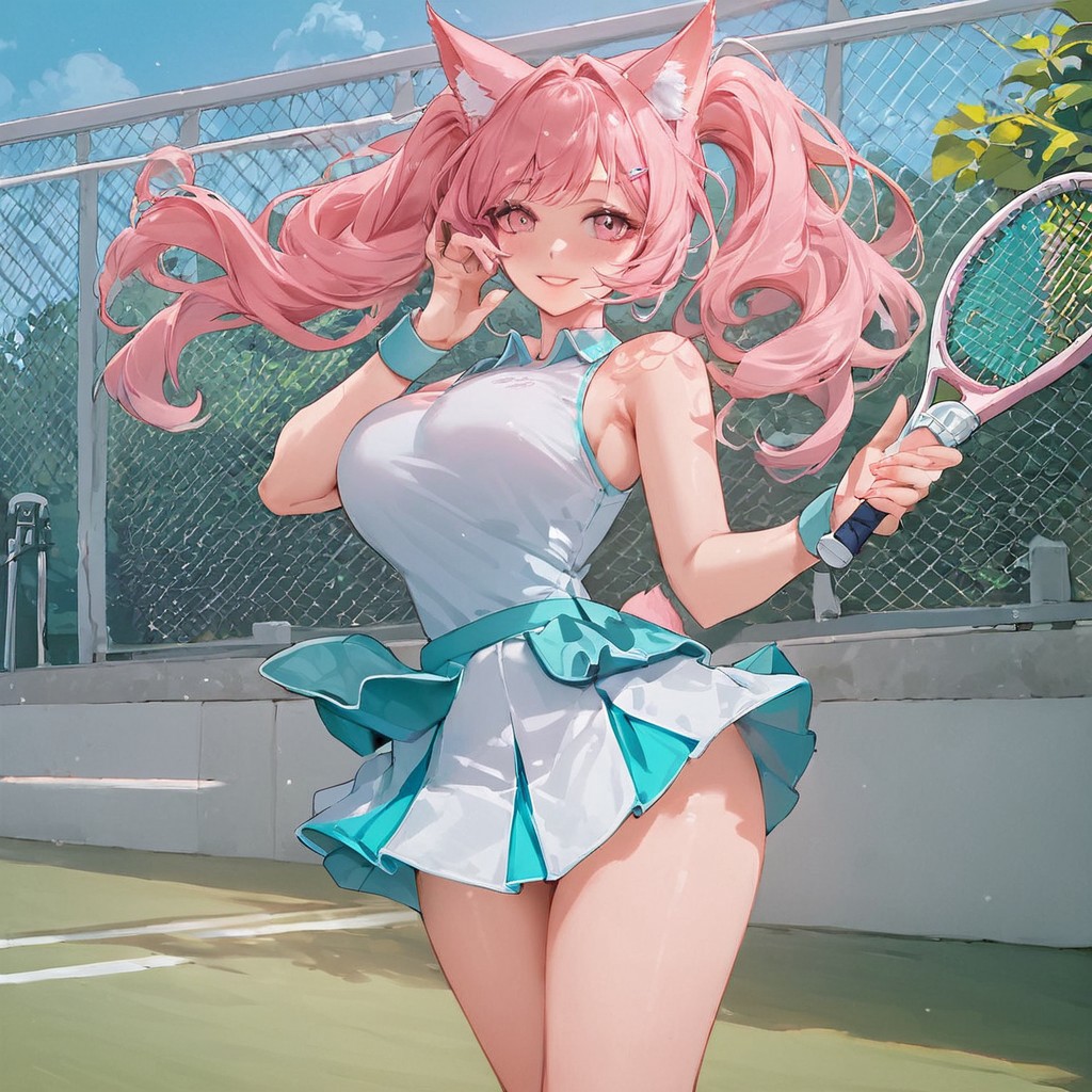 ((score_9, score_8_up, score_7_up, score_6_up, score_5_up, score_4_up)), source_anime, soft_lighting, 1girl, pink fox ears, pink hair, pink tail, pink eyes, eye focus, perfect eyes, lips, pretty, pale skin, slim body, large ass, large breasts, sexy, seductive, smile, blush, sporty, holding tennis racket, playing tennis, green tennis uniform, two-tone skirt, skirt, twintails, sleeveless shirt, outside, tennis court, sunny day, motion, ch0ng, Expressiveh