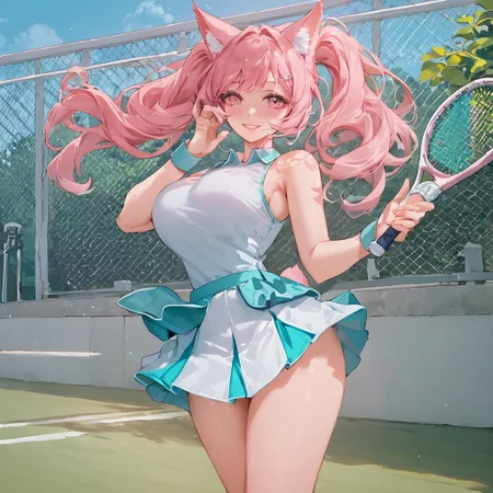 ((score_9, score_8_up, score_7_up, score_6_up, score_5_up, score_4_up)), source_anime, soft_lighting, 1girl, pink fox ears, pink hair, pink tail, pink eyes, eye focus, perfect eyes, lips, pretty, pale skin, slim body, large ass, large breasts, sexy, seductive, smile, blush, sporty, holding tennis racket, playing tennis, green tennis uniform, two-tone skirt, skirt, twintails, sleeveless shirt, outside, tennis court, sunny day, motion, ch0ng, Expressiveh
