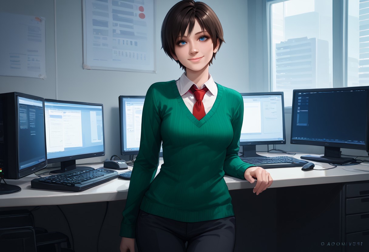 score_9, score_8_up, score_7_up, rebecca-chambers, resident evil, 1girl, solo, necktie, short hair, red necktie, pants, looking at viewer, monitor, realistic, shirt, black hair, sweater, white shirt, collared shirt, blue eyes, green sweater, indoors, breasts, nose, computer, smile, standing, lips, cowboy shot, keyboard (computer), watermark