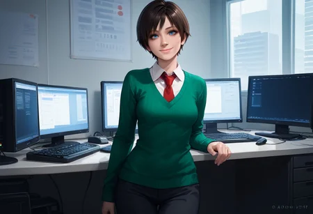 score_9, score_8_up, score_7_up, rebecca-chambers, resident evil, 1girl, solo, necktie, short hair, red necktie, pants, looking at viewer, monitor, realistic, shirt, black hair, sweater, white shirt, collared shirt, blue eyes, green sweater, indoors, breasts, nose, computer, smile, standing, lips, cowboy shot, keyboard (computer), watermark