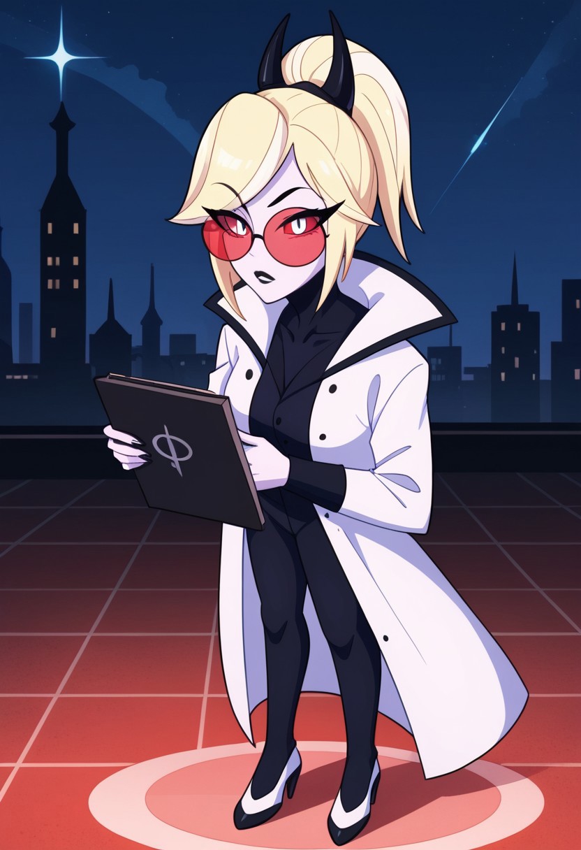 score_9, score_8_up, score_7_up,
masterpiece, best quality, detailed, amazing quality,
detailed background, city, night,
detailed eyes, clean eyes, 
dynamic pose, full body,
solo, 1woman, woman,
easynegative,
0d3tt3_c4rm1n3, blonde hair, white skin, red white eyes, horns, high ponytail,
notebook, pen, writing, lab coat,
red round glasses